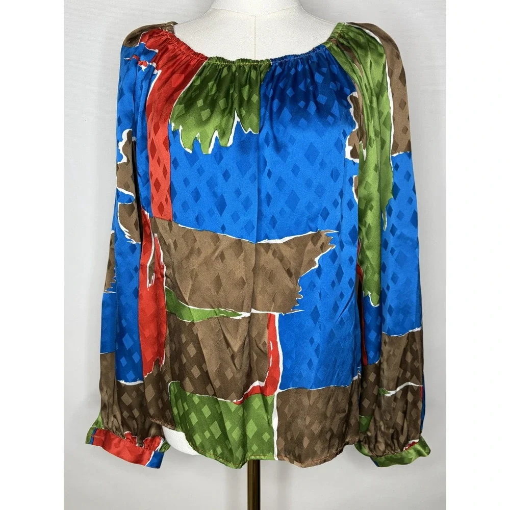 Tory Burch Silk Off The Shoulder Blouse Blue Green Abstract Print 73951 Size 6
